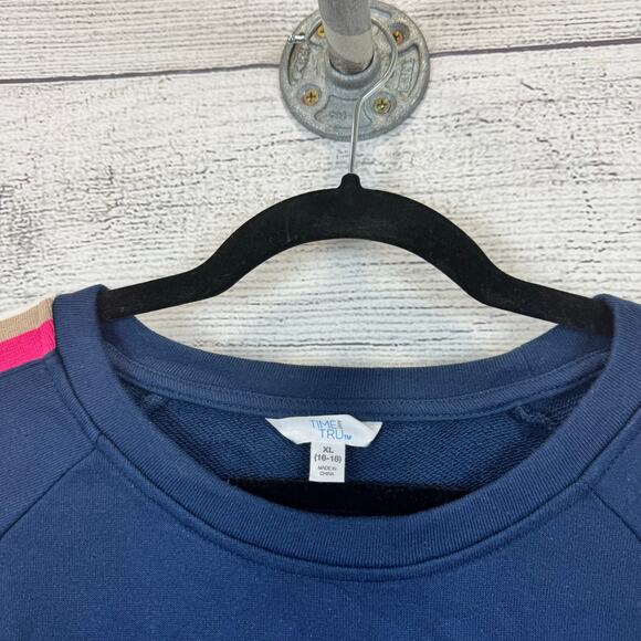 Time & Tru Women's Navy Crew Stripe Sleeve Sweatshirt Size XL - Picture 2 of 6